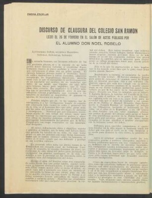 Discurso de clausura del Colegio San Ramón, leído el 26 de febrero en el salón de actos públicos : Página escolar