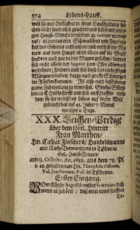 XXX. Frau Marthen/ Hn. Caspar Fleischers/ Handelsmanns und Rath-Verwandtens in Tzschopau ehel. Hauß-Frauen/