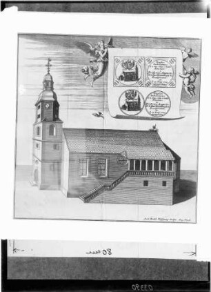 Gochsheim Stich-Zeichnung der evangelischen Sankt Martinskirche Ansicht von Süden von Andreas Matthäus Wolfgang (1704)