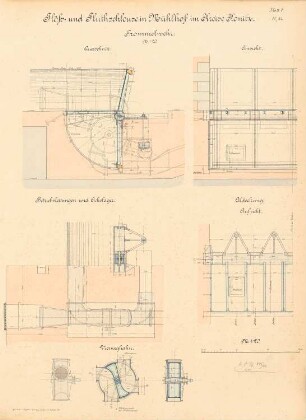 Schleuse, Mühlhof: Trommelwehr: Ansicht, Aufsicht, Schnitte 1:20