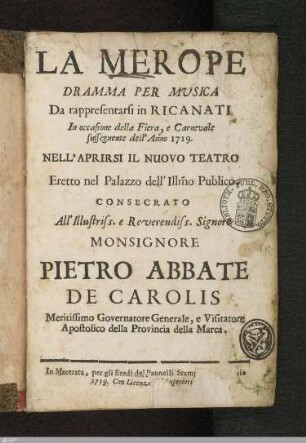 La Merope : Dramma Per Musica Da rappresentarsi in Ricanati