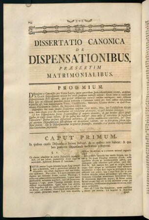 754-773, Dissertatio Canonica de Dispensationibus, Praesertim Matrimonialibus.