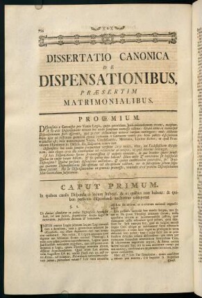 754-773, Dissertatio Canonica de Dispensationibus, Praesertim Matrimonialibus.