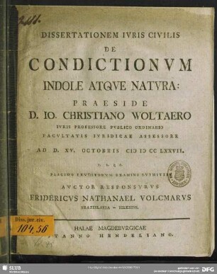 Dissertationem Iuris Civilis De Condictionum Indole Atque Natura