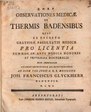 Observationes medicae de thermis Badensibus
