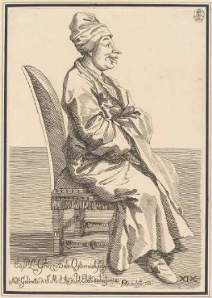 Sitzender Mann im Hausrock (Der Opernsänger Domenico Annibali), Bl. 19 der "Raccolta di XXIV Caricature", Dresden 1750