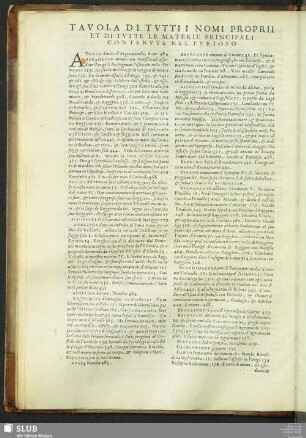 Tavola Di Tuttii Nomi Proprii Et Di Tutte Le Materie Principali Contenute Nel Furioso