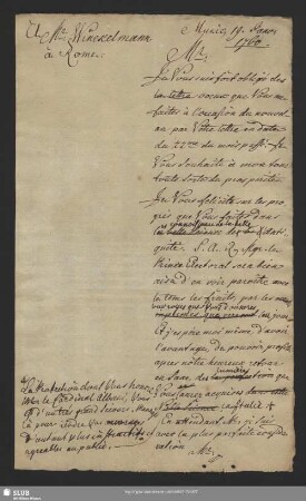 Mscr.Dresd.App.3140,2. - Konzept des Antwortbriefes von Graf Wackerbarth-Salmour an Johann Joachim Winckelmann, München, 19.01.1760