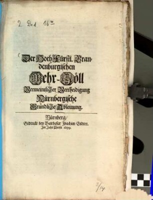 Der Brandenburgischen Wehrzöll Verteidigung Nürnbergische Ableinung
