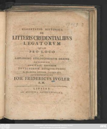 Dissertatio Historica De Litteris Credentialibvs Legatorvm