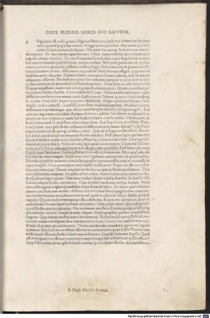 Historia naturalis : mit Brief an Marcus und an Tacitus von Gaius Caecilius Plinius Secundus. Mit Exzerpten zu Plinius aus De viris illustribus des Gaius Suetonius Tranquillus, dem Apologeticum des Quintus Septimus Florens Tertullianus und dem Chronicon des Eusebius Caesariensis. Mit Widmungsbrief an Papst Paulus II., Rom [1470], von Johannes Andreas de Buxis