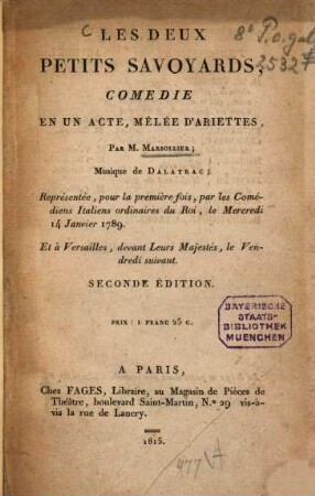 Les deux petits savoyards : comédie en un acte, mêlée d'ariettes