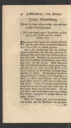 Fünfte Abhandlung. Johann Polenus astronomische und meteorologische Beobachtungen.