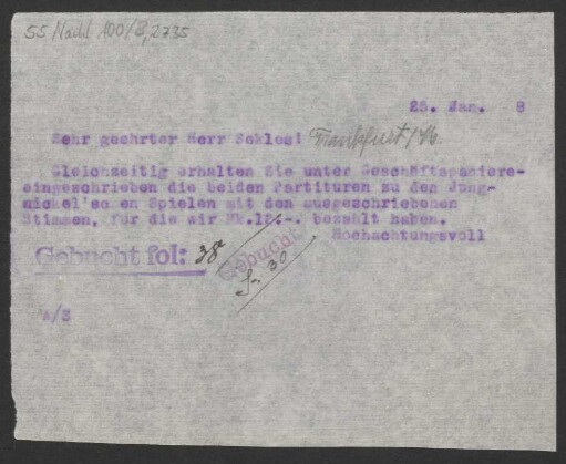 Brief an Bernhard Sekles : 25.01.1918