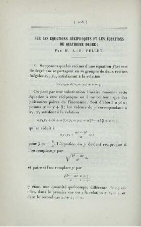 Sur les équations réciproques et les équations du quatrième degré.