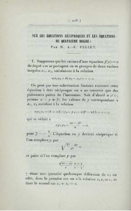 Sur les équations réciproques et les équations du quatrième degré.