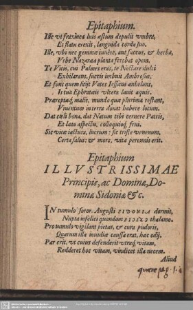 Epitaphium Illustrissimae Principis, ac Dominae, Dominae Sidoniae [et]c