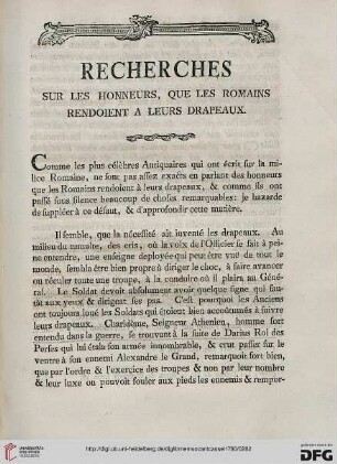 Recherches sur les honneurs, que les romains rendoient à leurs drapeaux