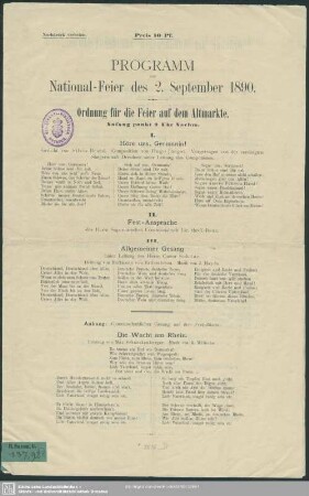 Programm zur Nationalfeier des 2. September 1890 : Ordnung für die Feier auf dem Altmarkte