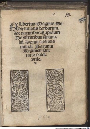 Albertus Magnus De virtutibus herbarum. De virtutibus Lapidum De virtutibus Animaliu[m] De miraiblibus mundi Paruum Regimen sanitatis valde vtile