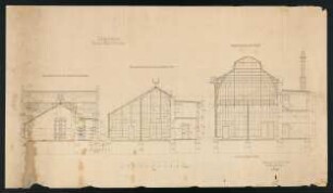 1 Plan (sw-Lithographie), Neubau Gewächshaus im Alten Botanischen Garten: Querschnitte durch die niederen und hohen Langhäuser und die Kuppel