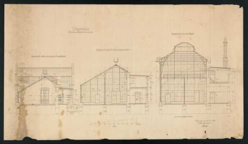 1 Plan (sw-Lithographie), Neubau Gewächshaus im Alten Botanischen Garten: Querschnitte durch die niederen und hohen Langhäuser und die Kuppel