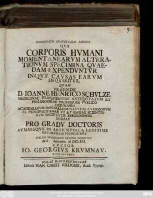 Dissertatio Inavgvralis Medica Qva Corporis Hvmani Momentanearvm Alterationvm Specimina Qvaedam Expendvntvr Inqve Cavsas Earvm Inqviritvr