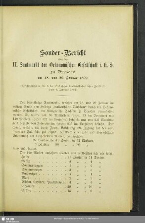 Sonder-Bericht über den II. Saatmarkt der Oekonomischen Gesellschaft i. K. S. zu Dresden am 28. und 29. Januar 1892