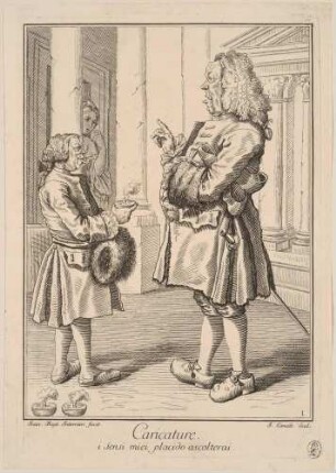 Karikatur zweier Herren mit Lampen vor einer Tempelfront ("Caricature. i Sensi miei placido ascolterai.")