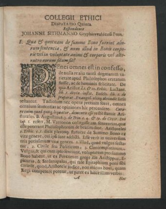 Collegii Ethici Disputatio Quinta. Respondente Johanne Sithmanno