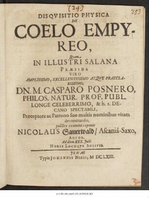 Disquisitio Physica De Coelo Empyreo