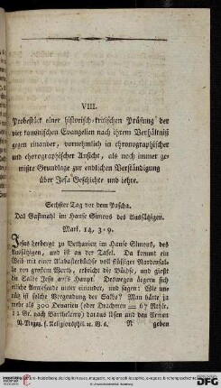 VIII. Probestück einer historisch = kritischen Prüfung der vier kanonischen Evangelien [...]