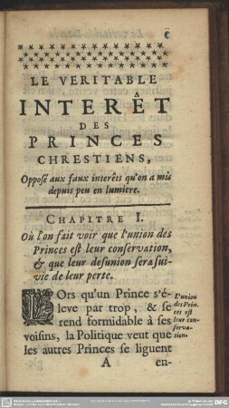 Chaptre I. Où l'on fait voir que l'union des Princes est leur conversation, & que leur desunion sera suivie de leur perte