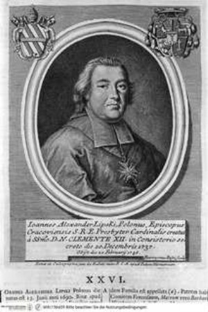 Vitae et res gestae pontificum Romanorum et S.R.E. cardinalium a Clemente X. usque ad Clementem XII. scriptae a Mario Guarnacci : quibus perducitur ad nostra haec tempora historia eorundem ab Alphonso Ciacconio aliisque descripta a S. Petro ad Clementem IX, Tomus Secundus/ Mario GuarnacciPorträt des Kardinals Johannes Alexander Lipski - Vita et res gestae ponteficum Romanorum Clemens X - Clemens XII. Tomus Secundus.