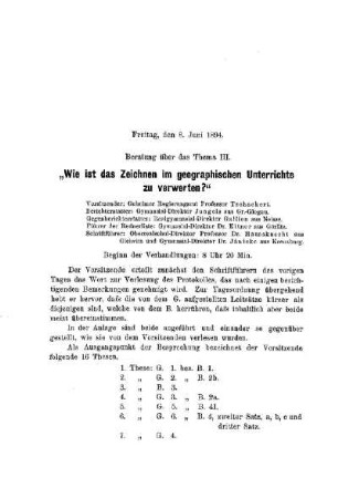 "Wie ist das Zeichnen im geographischen Unterrichte zu verwerten?" : [Protokolle über die Verhandlungen]