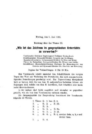"Wie ist das Zeichnen im geographischen Unterrichte zu verwerten?" : [Protokolle über die Verhandlungen]