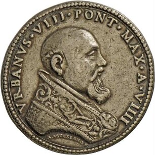 Medaille von Alessandro Astesano auf Papst Urban VIII. auf die Erneuerung der Hafenanlage Civitavecchias, 1632