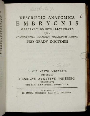 Descriptio Anatomica Embryonis Observationibus Illustrata