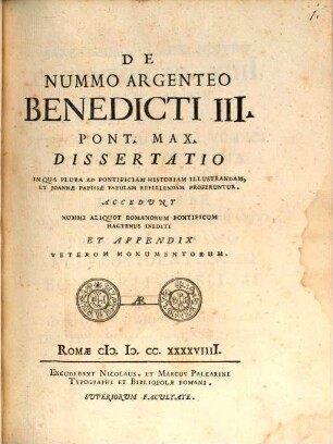 De nummo argenteo Benedicti III. dissertatio