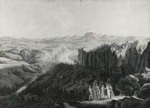 Gegend von Neu-Rathen und die ganze Bergkette vom Winterberg bis Königstein, oder die sogenannte Sächsische Schweiz : Gegend von Neu-Rathen und die ganze Bergkette vom Winterberg bis Königstein, oder die sogenannte Sächsische Schweiz (J. F. Wizani; kolorierter Stich; 520 x 725 mm; Festung Königstein)