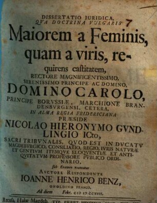 Dissertatio Iuridica, Qva Doctrina Vulgaris Maiorem a Feminis, quam a viris, requirens castitatem