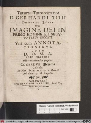 De Imagine Dei In Primo Homine Et Secuto Statu Peccati