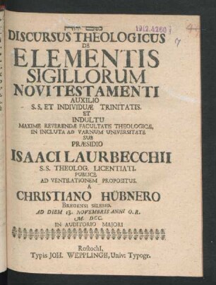 Discursus Theologicus De Elementis Sigillorum Novi Testamenti