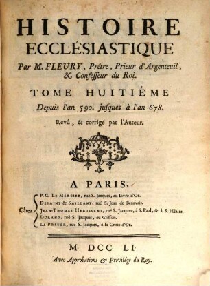 Histoire Ecclésiastique, 8. Depuis l'an 590. jusques à l'an 678