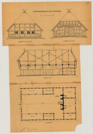 Straßen (Kreis Ludwigslust): Bauernhaus. Haupthaus (Grundriss, Giebelansichten, Längsschnitt)