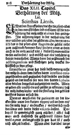 Das XLII. Capitel. Verhärtung der Milz. Lat. Scirrhus Lienis.