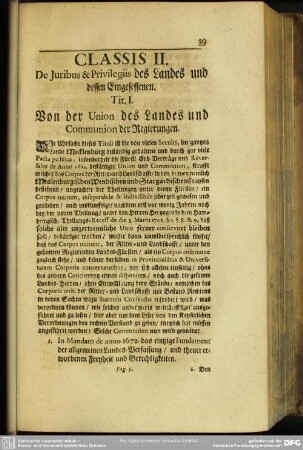 Classis II. De Juribus & Privilegiis des Landes und dessen Eingesessenen