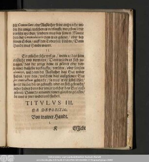 Titulus III. De Depositio. Von trawer Handt.