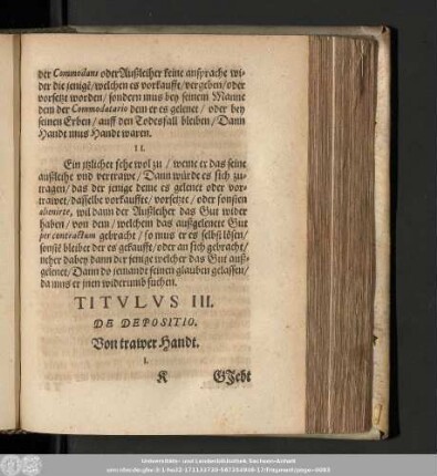 Titulus III. De Depositio. Von trawer Handt.