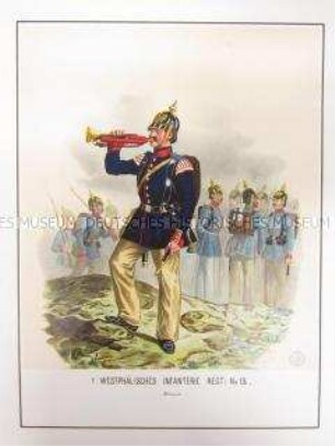 Uniformdarstellung, Hornist des 1. Westfälischen Infanterie-Regiments No. 13, Preußen, 1864. Tafel 29 aus: Schindler: Militair-Album.